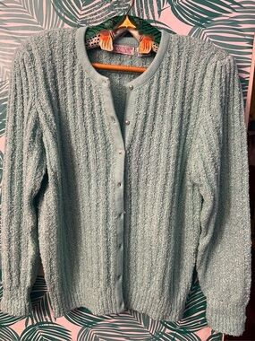 Vintage Lindsay Blake Tiffanys Teal Knit Cardigan Sweater w/pearl buttons L